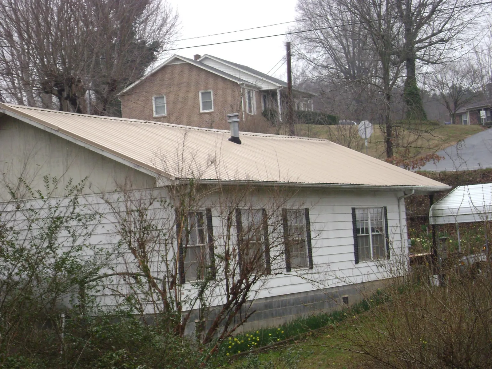 Tan metal roof on a white sided house set into a hillside — Commercial Roofing by Roofing Brothers in Ionia